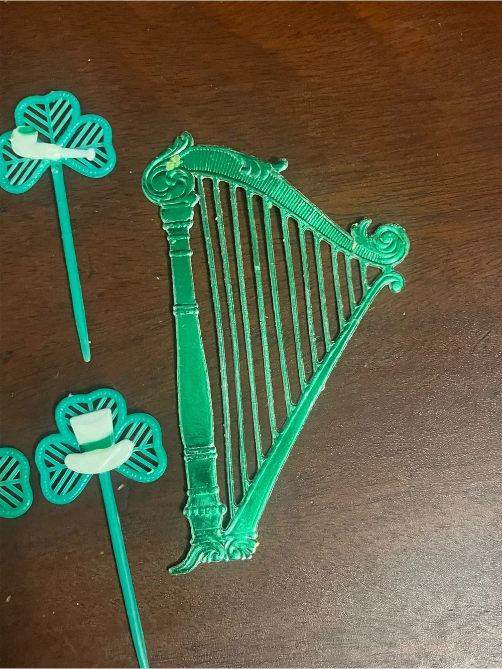 Lot of Vintage St. Patrick's Day Shamrock Cupcake Toppers & Paper Harp